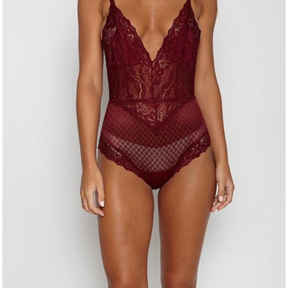 Lingerie red maroon bodysuit lace